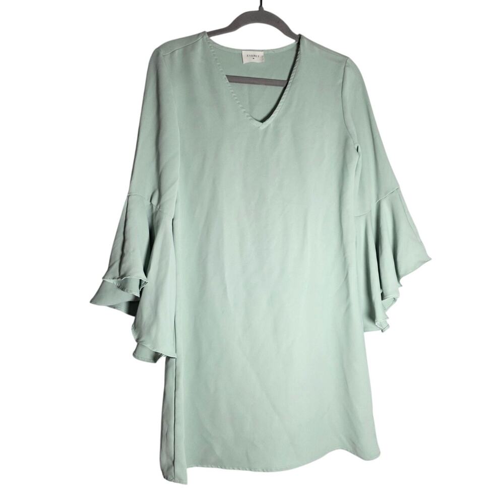 Women's Small Everly Sage Green V Neck Dress Bell Sleeve Coquette Pastel Classy